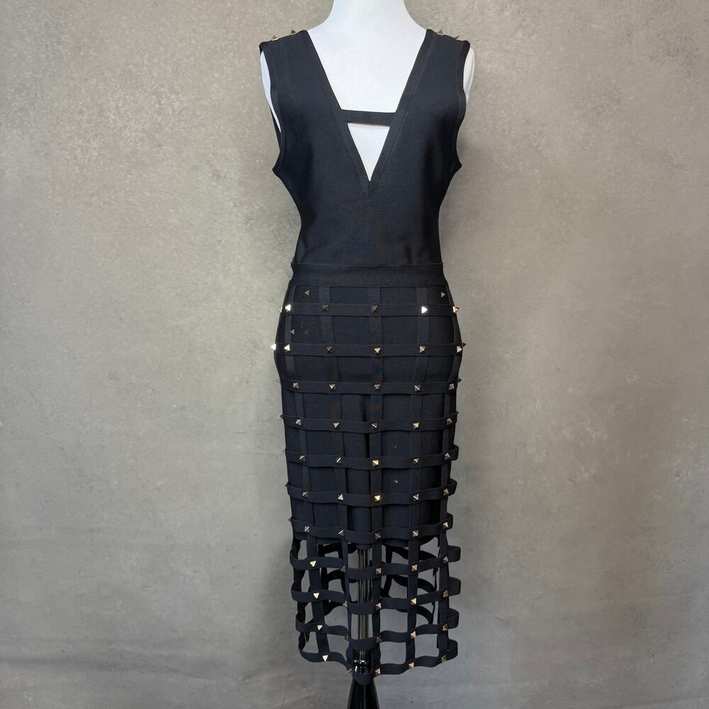 Bebe Black Cage Sport Bandage Dress Gold Pyramid Studs Cutout Back M